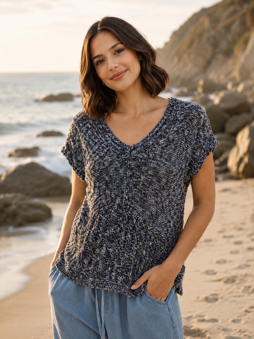 Free People V Neck Sleeveless Sweater Blue XS